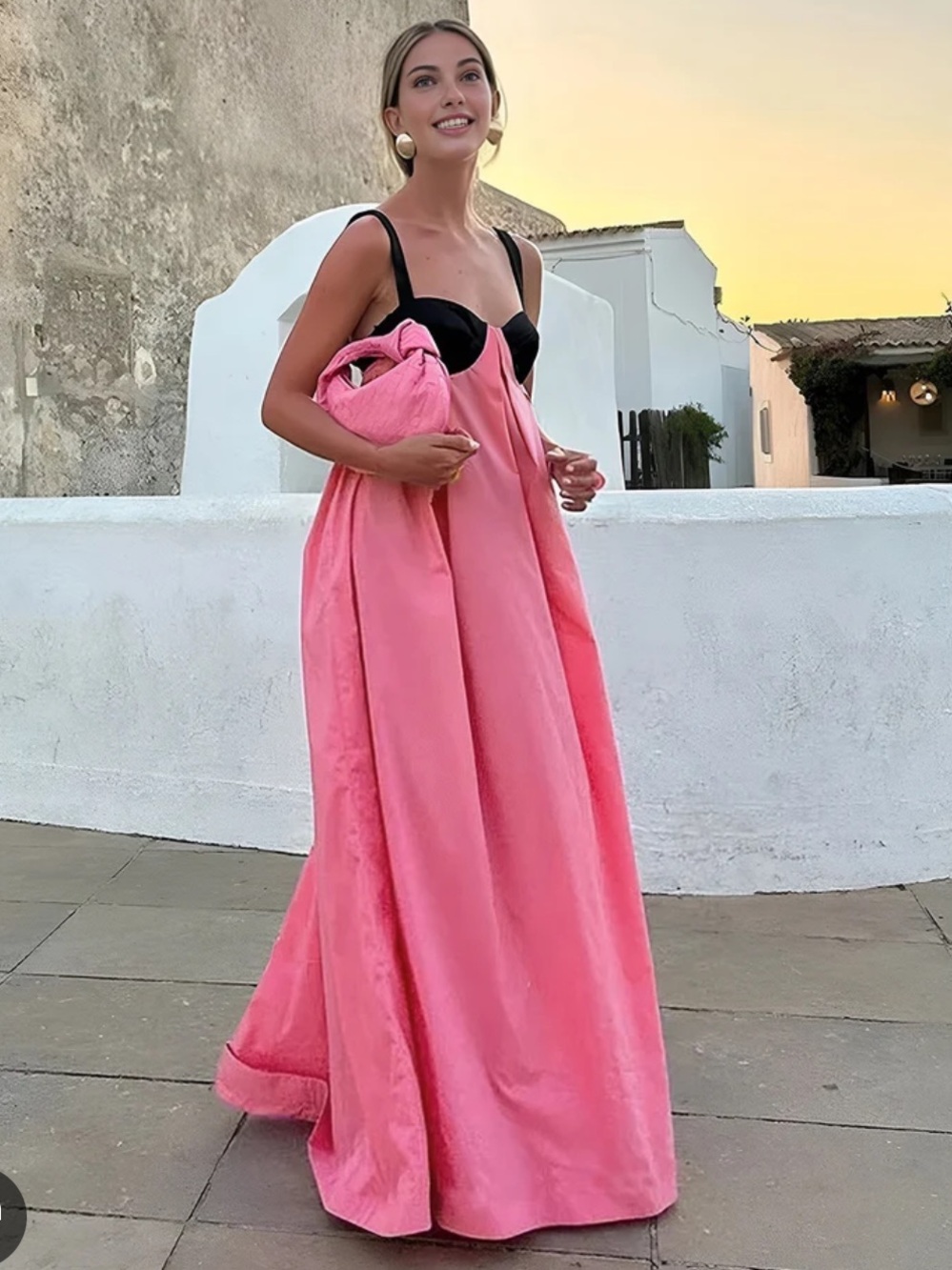Commence Elegant Pink Maxi Dress with Contrasting Black Straps and black bustier